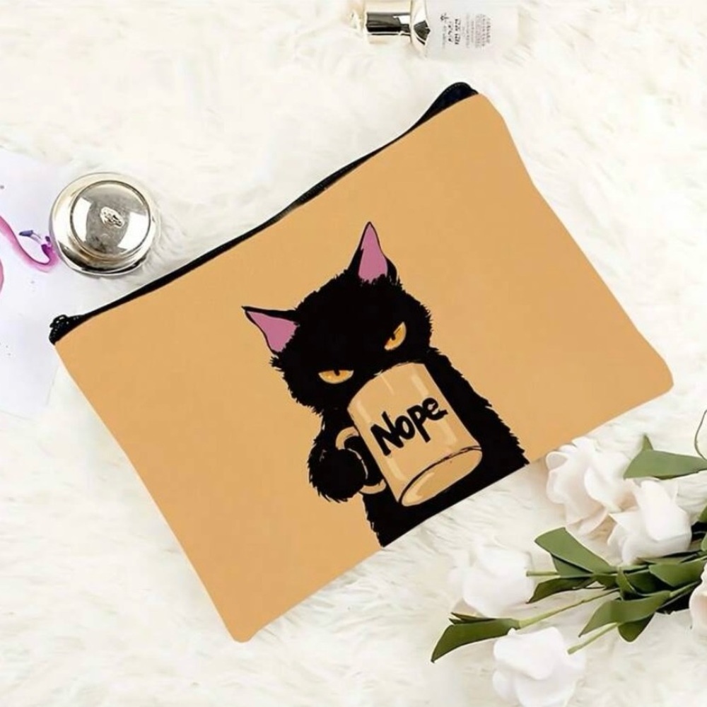 Black Cat Nope Coffee Mug Makeup Bag Canvas Cosmetic Pouch Funny Gift NWOT